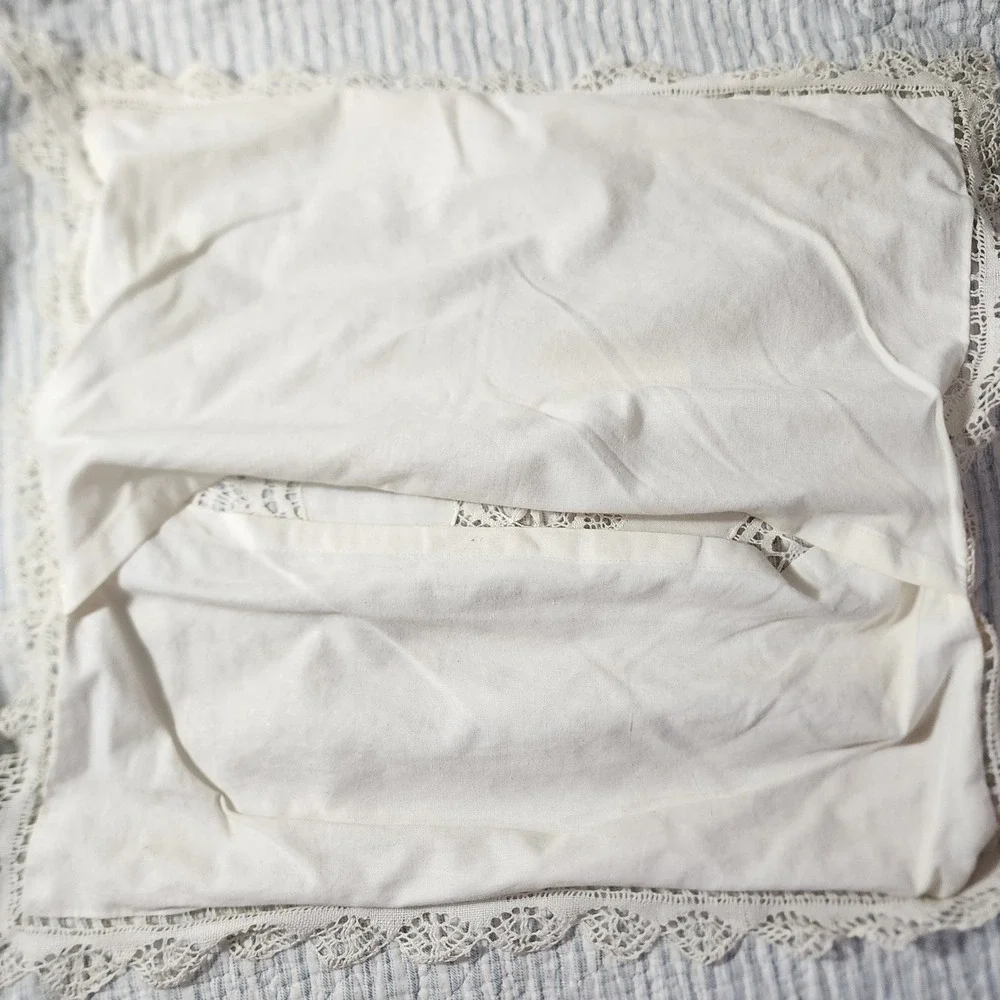 Vintage White Lace Cotton Pillow Sham Handmade Embroidery Scalloped Edge Square